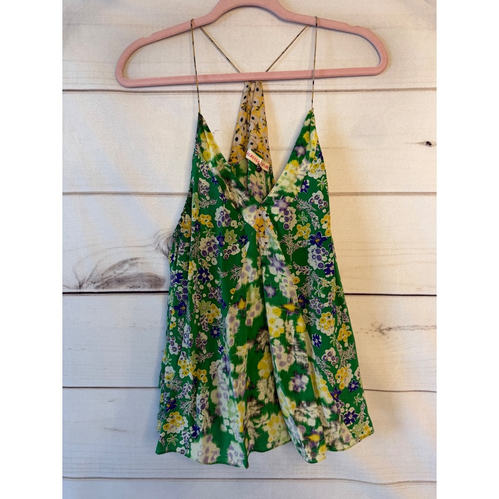 Rebecca Taylor Green Floral Ikat 100% Silk Racerback Camisole Top Size 10